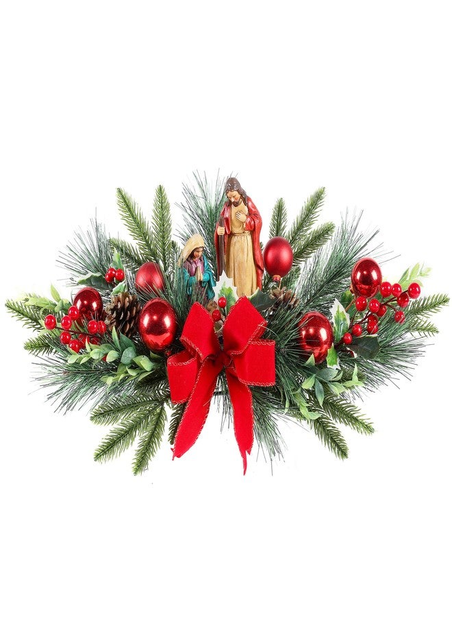 MOONET Christmas Table Centerpiece with LED Lights, Christmas Decoration with Red Jesus Pine Needle Ornament, Red Berry, Balls for Holiday Party, Home - Image 1